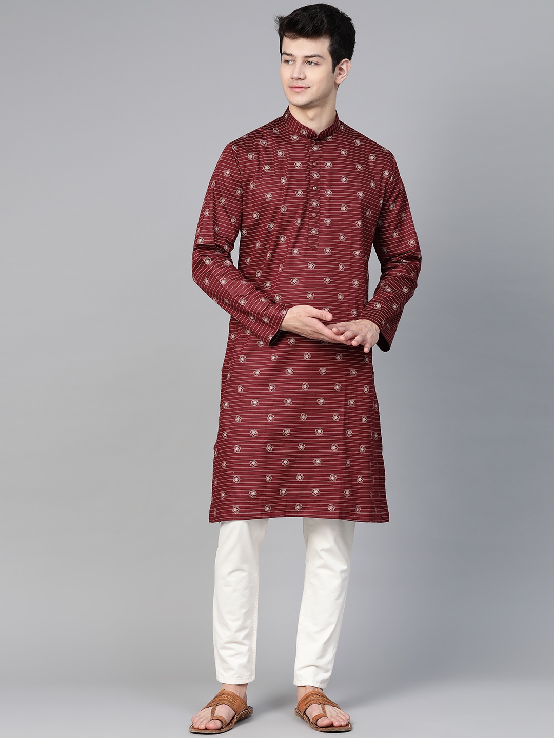 

MANQ Men Maroon & Beige Pinstriped & Floral Print Straight Kurta