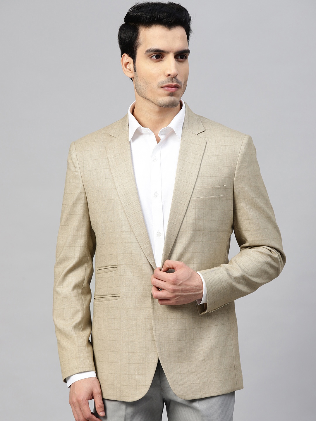 

MANQ Men Beige Checked Slim Fit Single-Breasted Formal Blazer