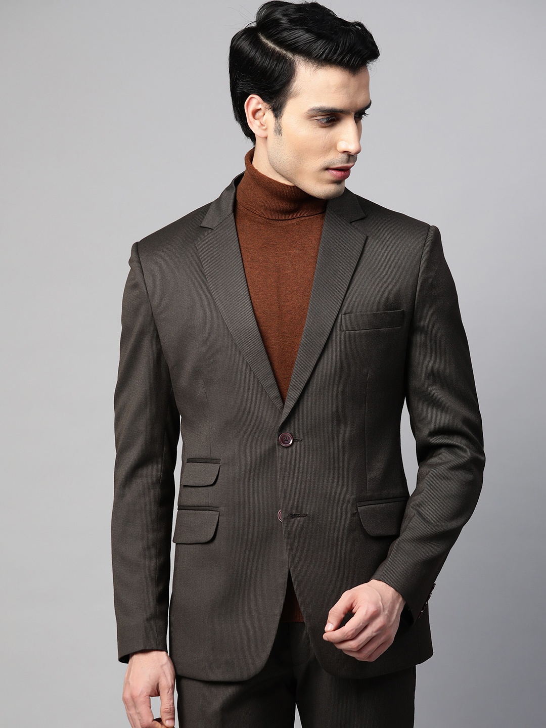 

MANQ Men Coffee Brown Slim Fit Pinstriped Single-Breasted Formal Blazer