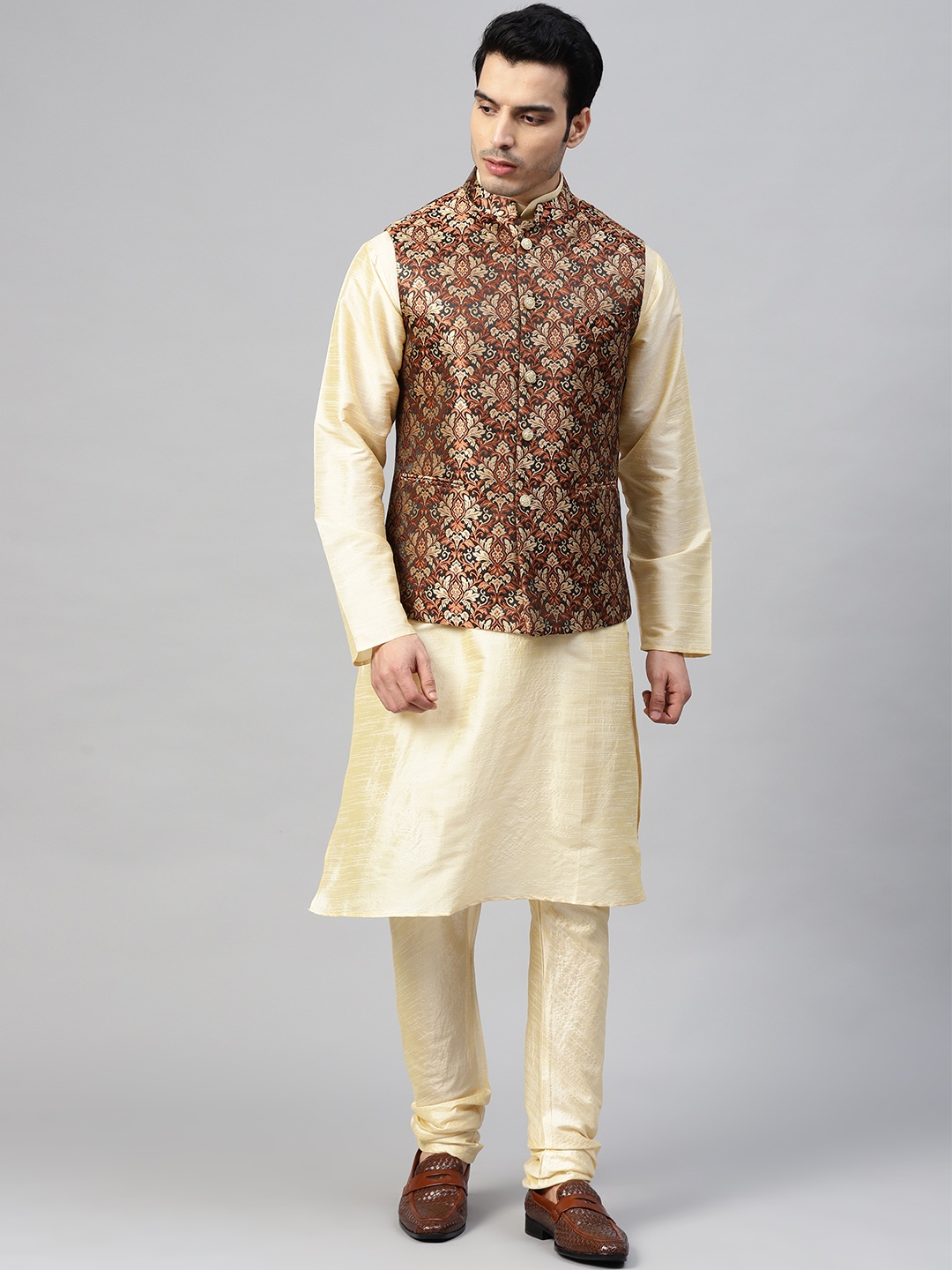 

MANQ Men Beige & Brown Woven Design Kurta & Churidar with Nehru Jacket