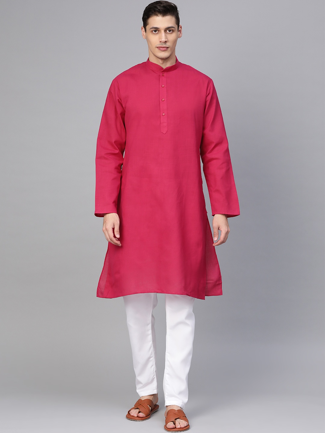 

MANQ Men Pink & White Solid Kurta with Pyjamas