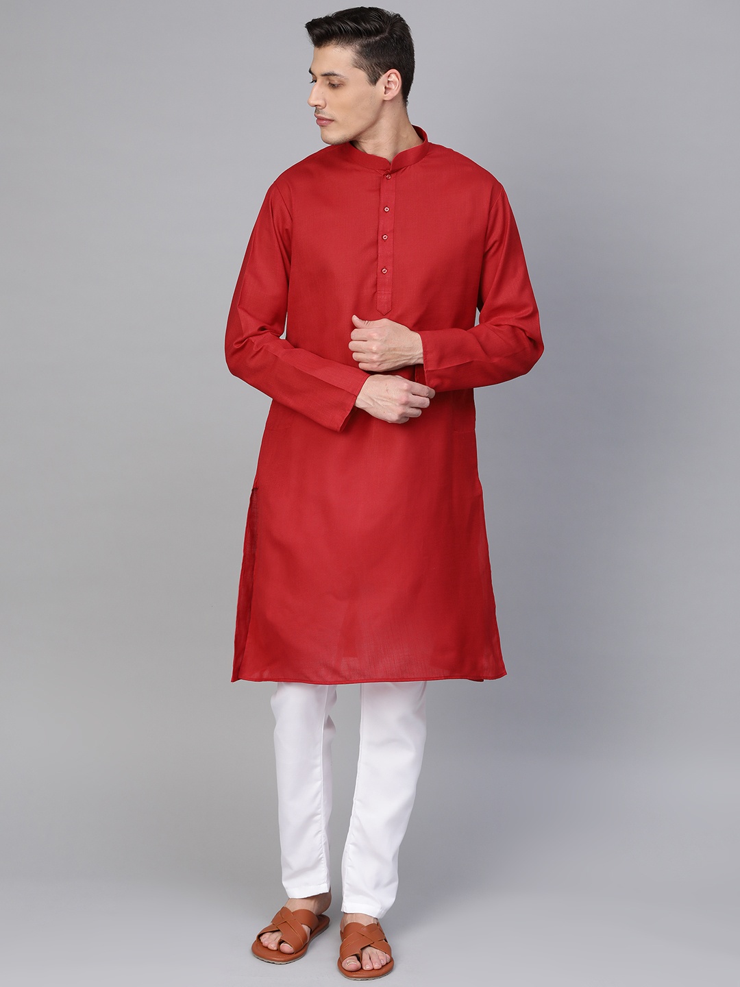 

MANQ Men Red & White Solid Kurta with Pyjamas