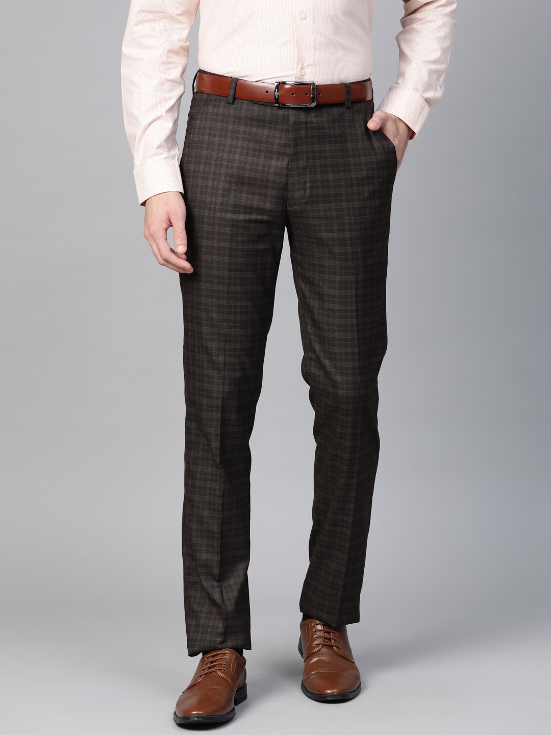 

MANQ Men Brown & Checked Slim Fit Formal Trousers