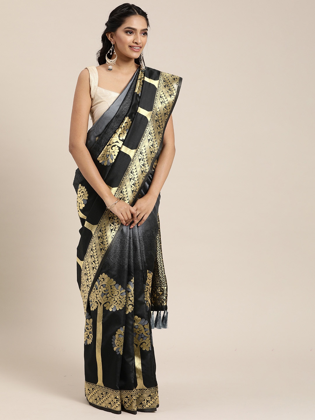 

VASTRANAND Black & Gold-Toned Silk Blend Woven Design Banarasi Designer Saree
