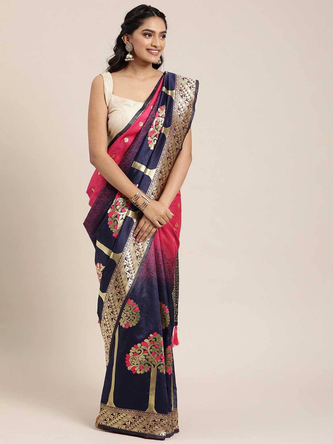 

VASTRANAND Navy Blue & Gold-Toned Silk Blend Woven Design Banarasi Designer Saree