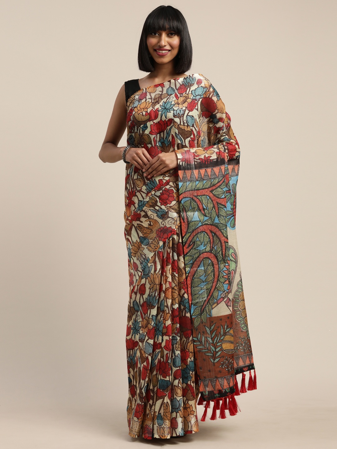 

VASTRANAND Cream-Coloured & Red Linen Blend Kalamkari Printed Saree