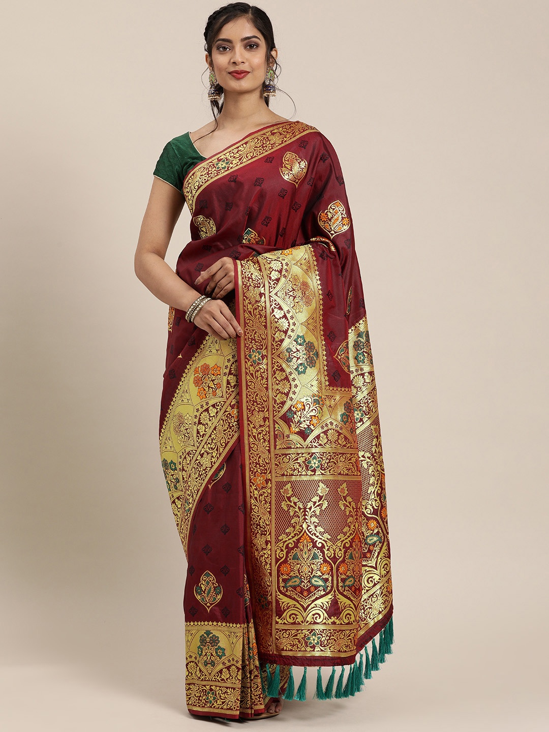 

VASTRANAND Brown & Gold-Coloured Silk Blend Printed Kanjeevaram Celebrity Saree