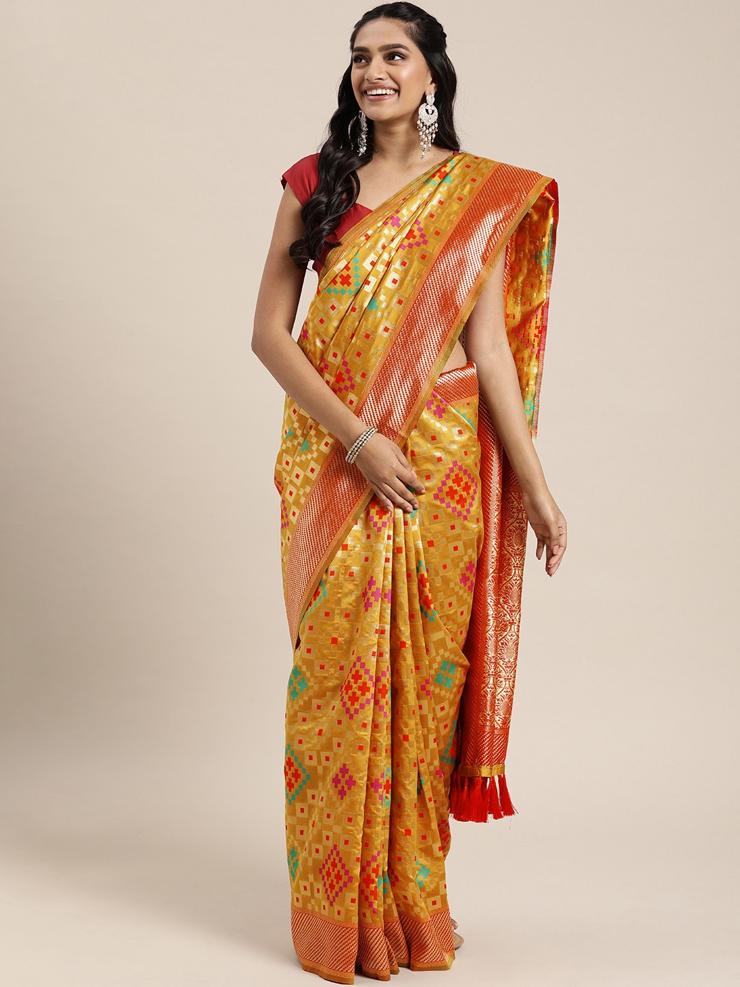 

VASTRANAND Mustard & Red Silk Blend Woven Design Patola Saree