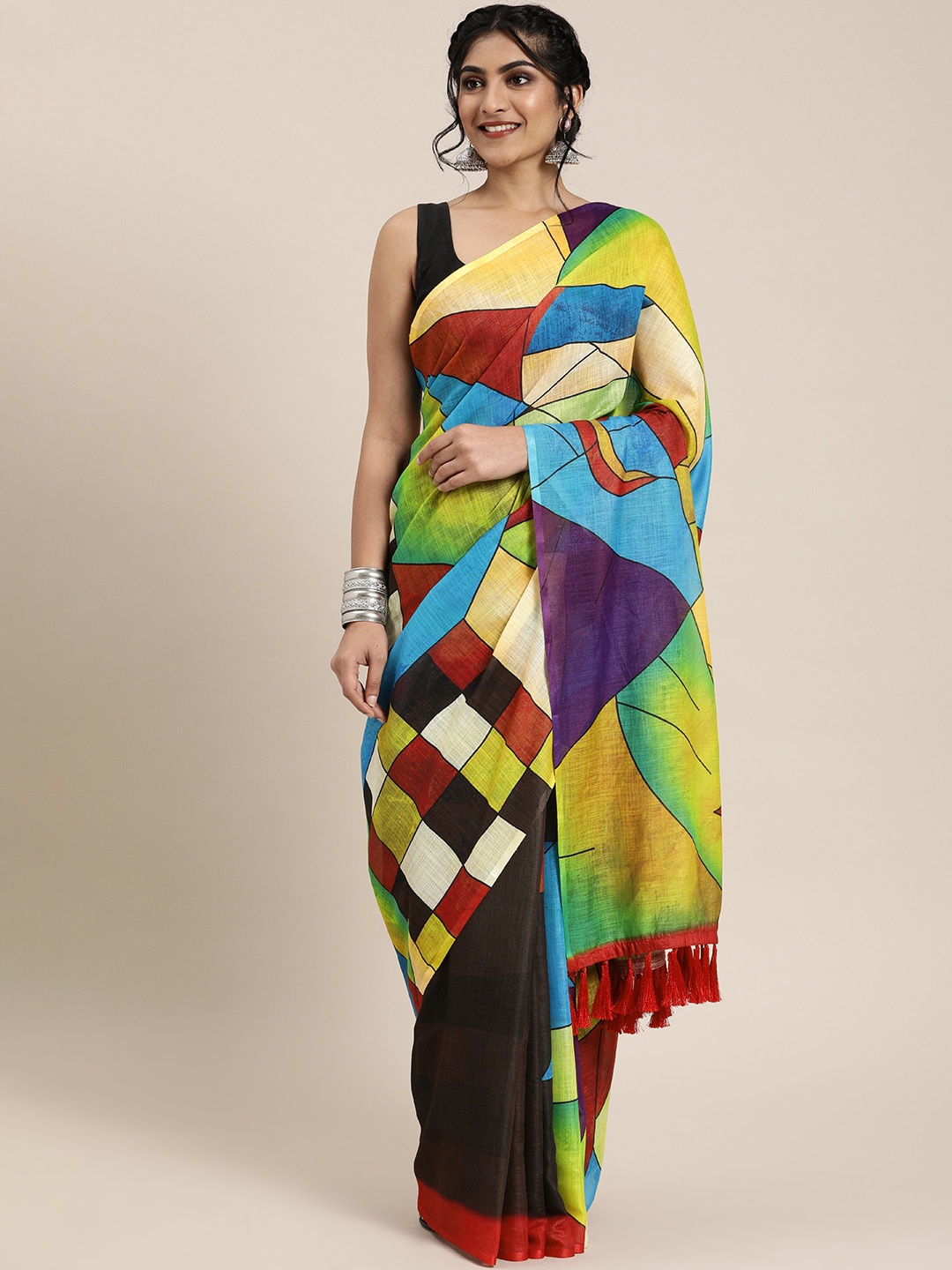 

VASTRANAND Multicoloured Abstract Printed Linen Blend Half & Half Saree, Multi
