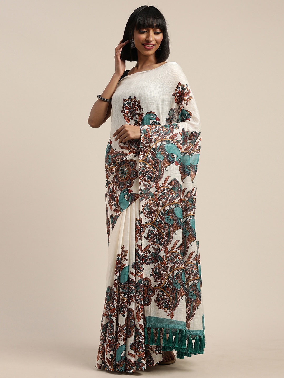 

VASTRANAND Cream-Coloured & Brown Linen Blend Ethnic Printed Saree