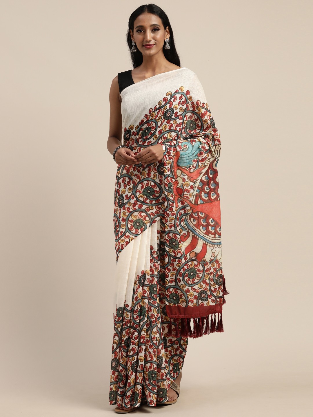

VASTRANAND White & Red Linen Blend Kalamkari Printed Saree