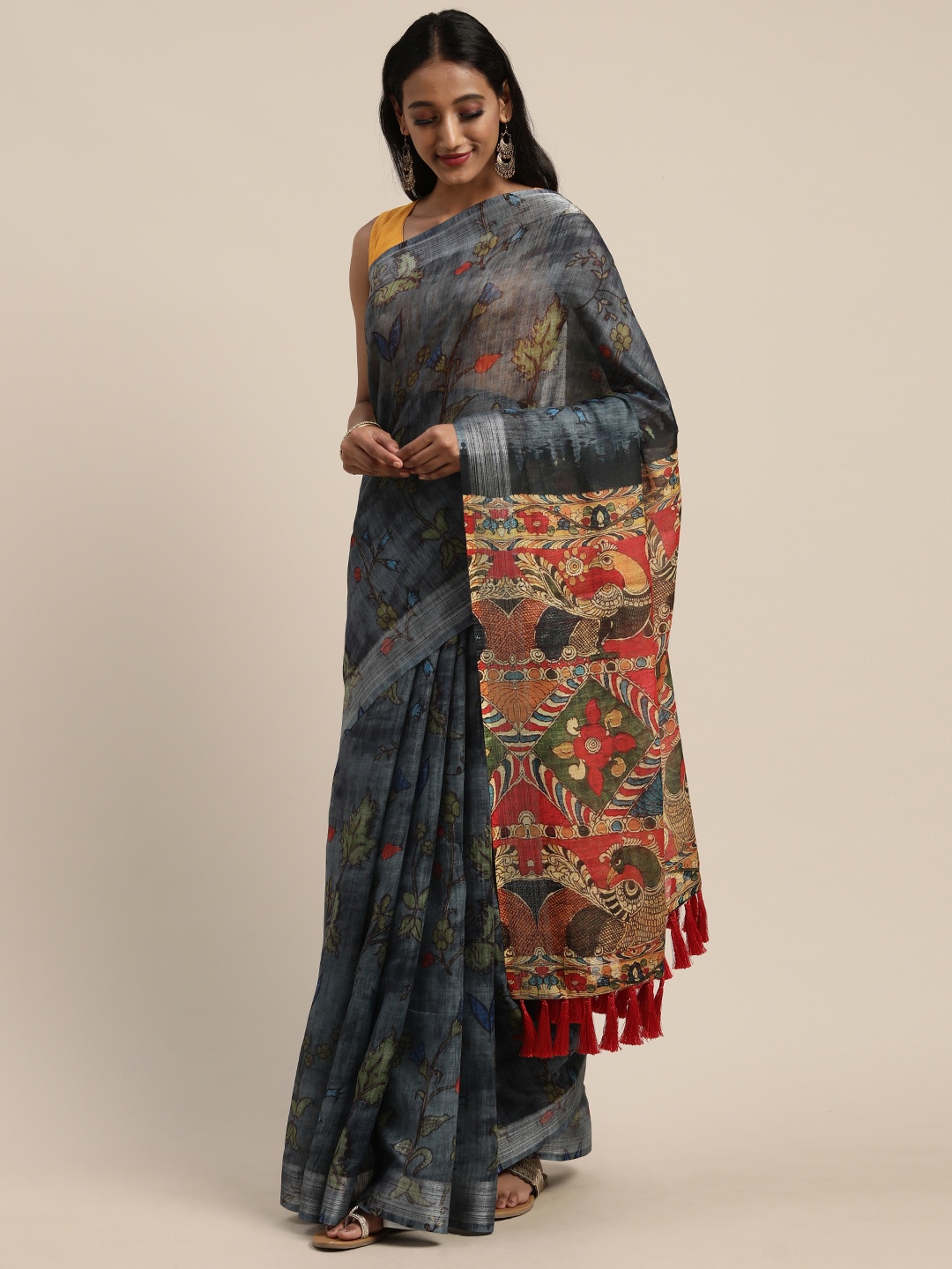 

VASTRANAND Teal Blue & Green Linen Blend Kalamkari Printed Saree