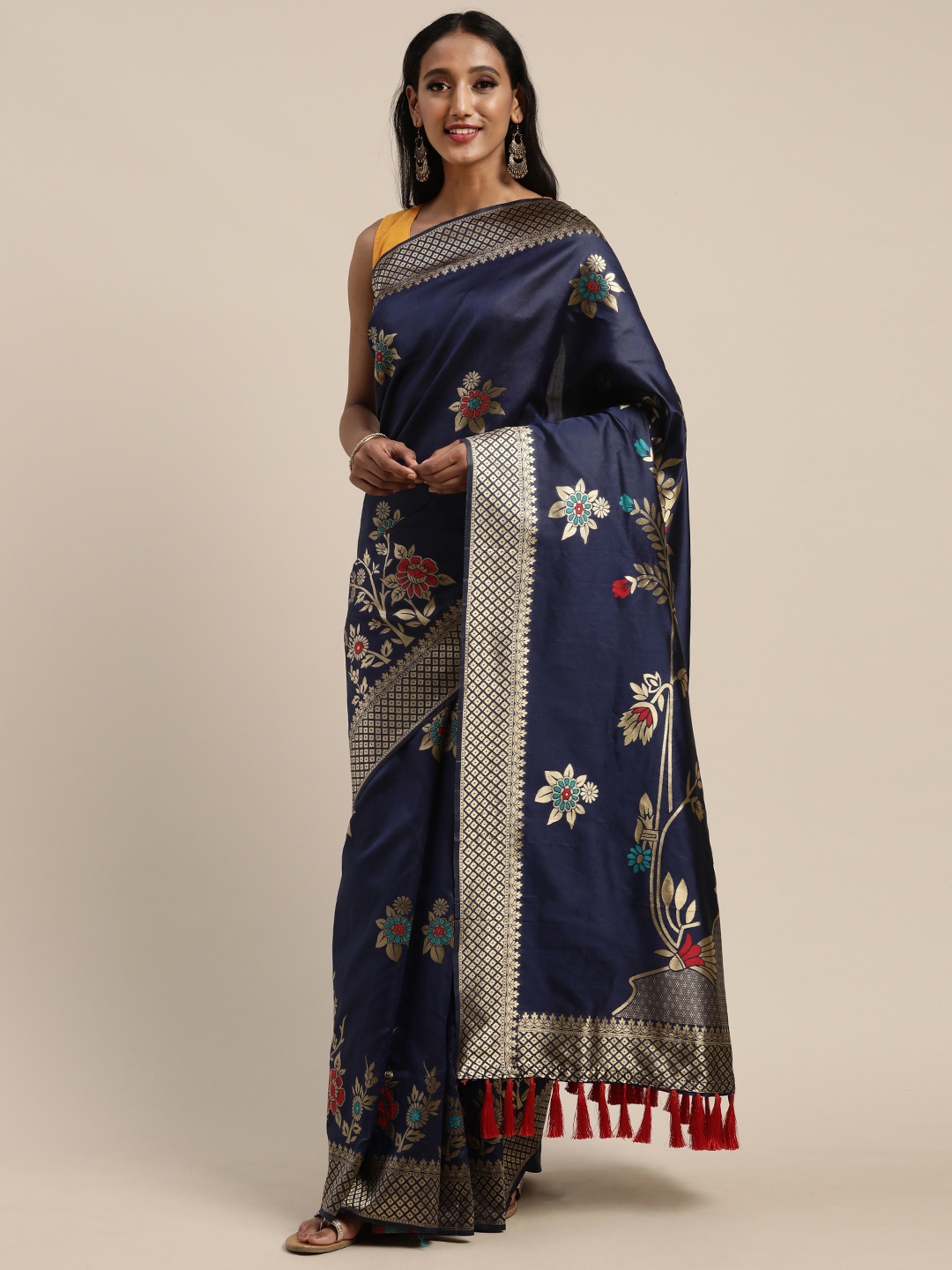 

VASTRANAND Navy Blue & Silver-Toned Silk Blend Woven Design Banarasi Saree