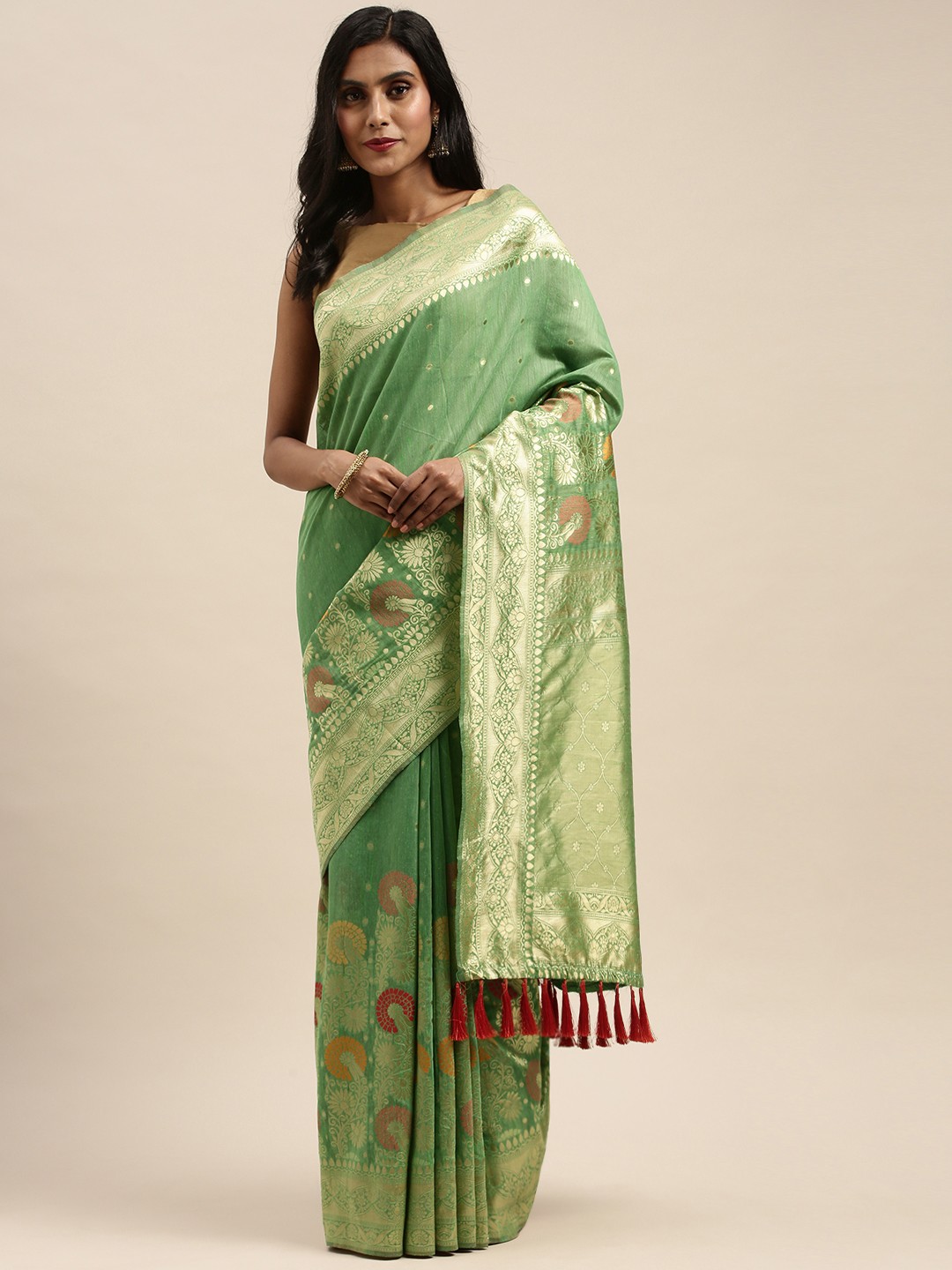 

VASTRANAND Green & Gold-Toned Cotton Blend Woven Design Banarasi Saree