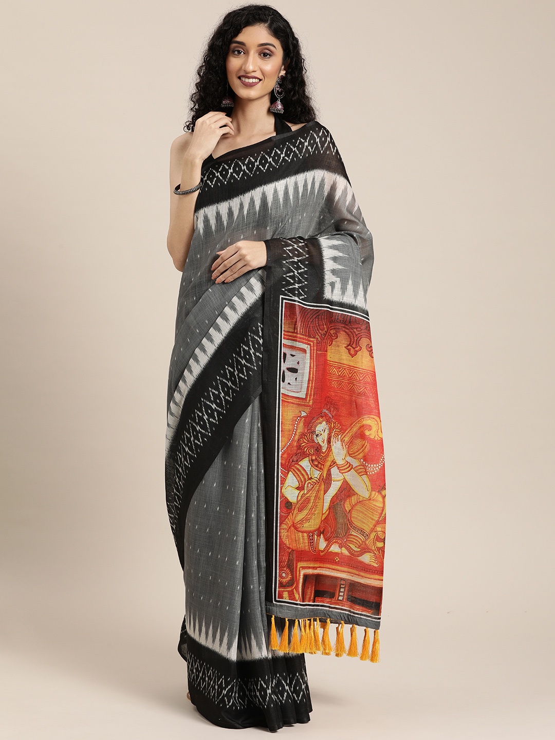 

VASTRANAND Grey & White Linen Blend Printed Ikat Saree