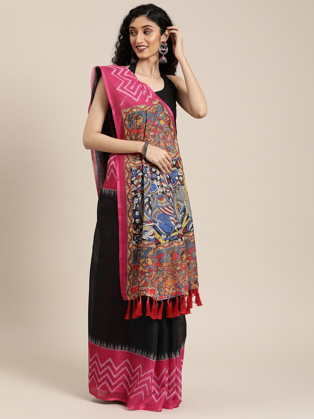 

VASTRANAND Black & Pink Linen Blend Solid Ikat Saree