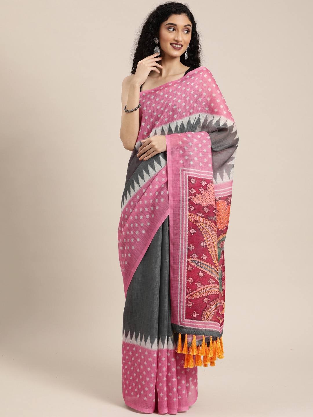 

VASTRANAND Grey Linen Blend Solid Ikat Saree