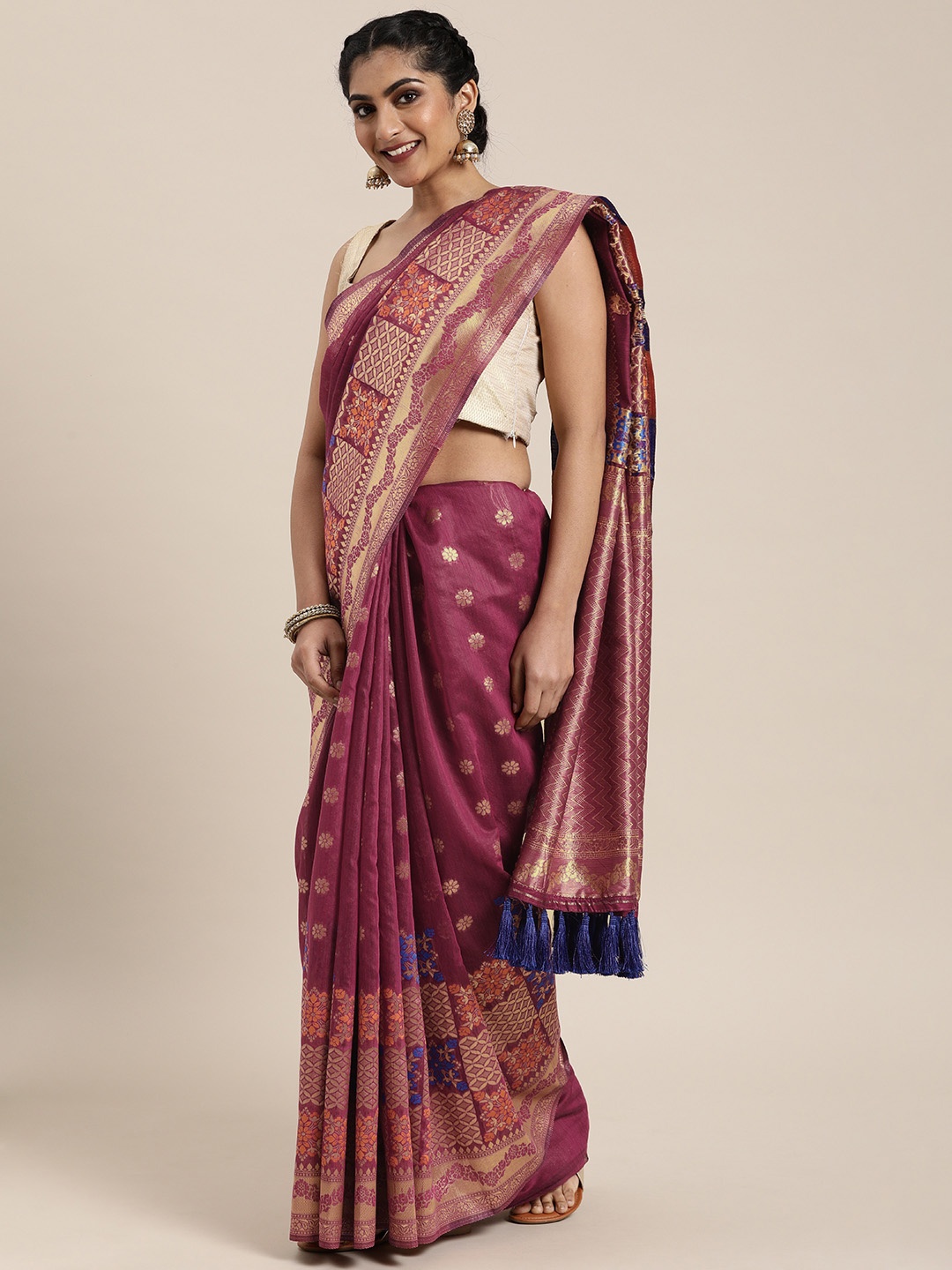 

VASTRANAND Purple & Golden Cotton Blend Woven Design Banarasi Saree