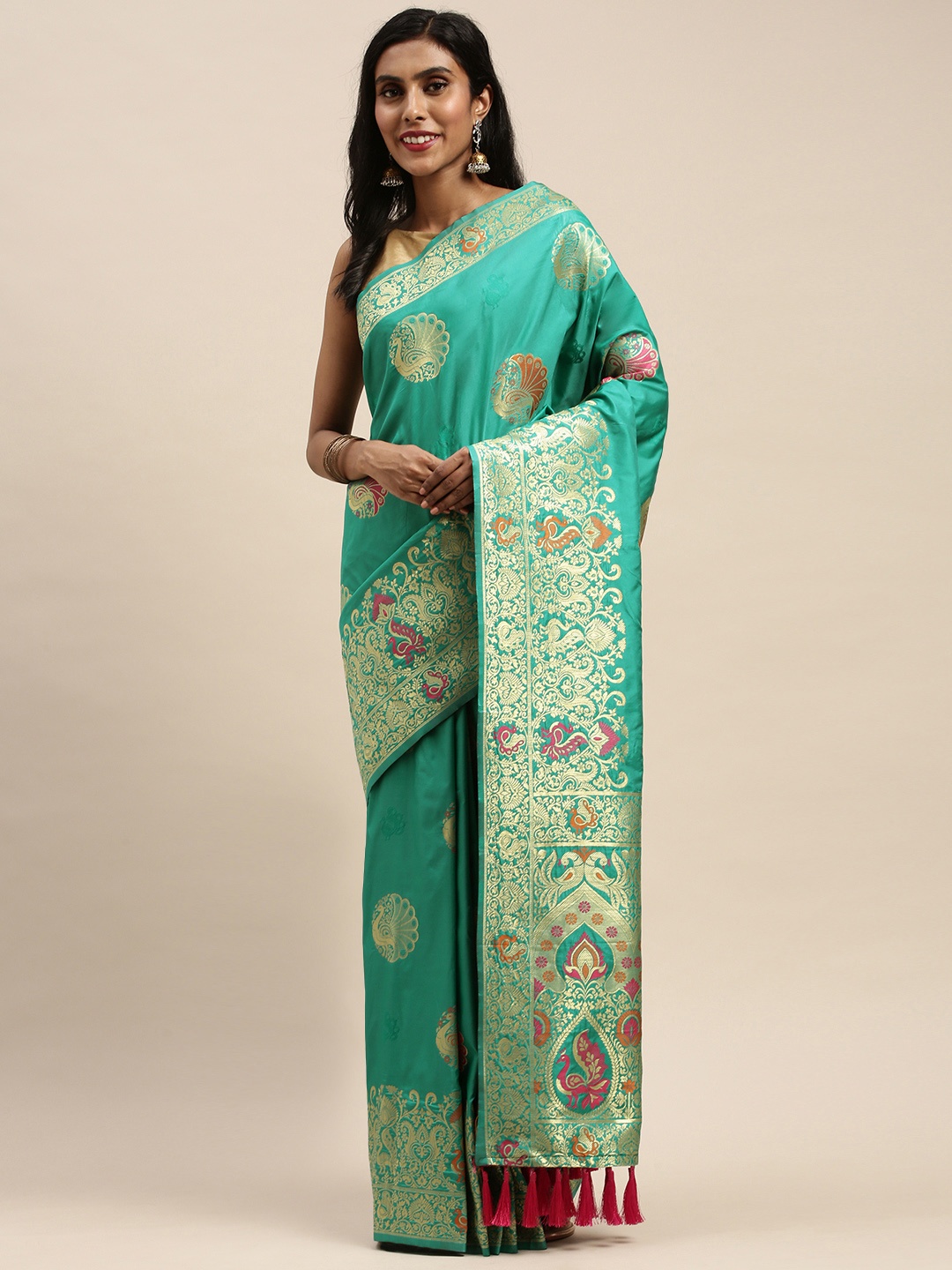 

VASTRANAND Sea Green & Gold-Toned Silk Blend Woven Design Kanjeevaram Saree