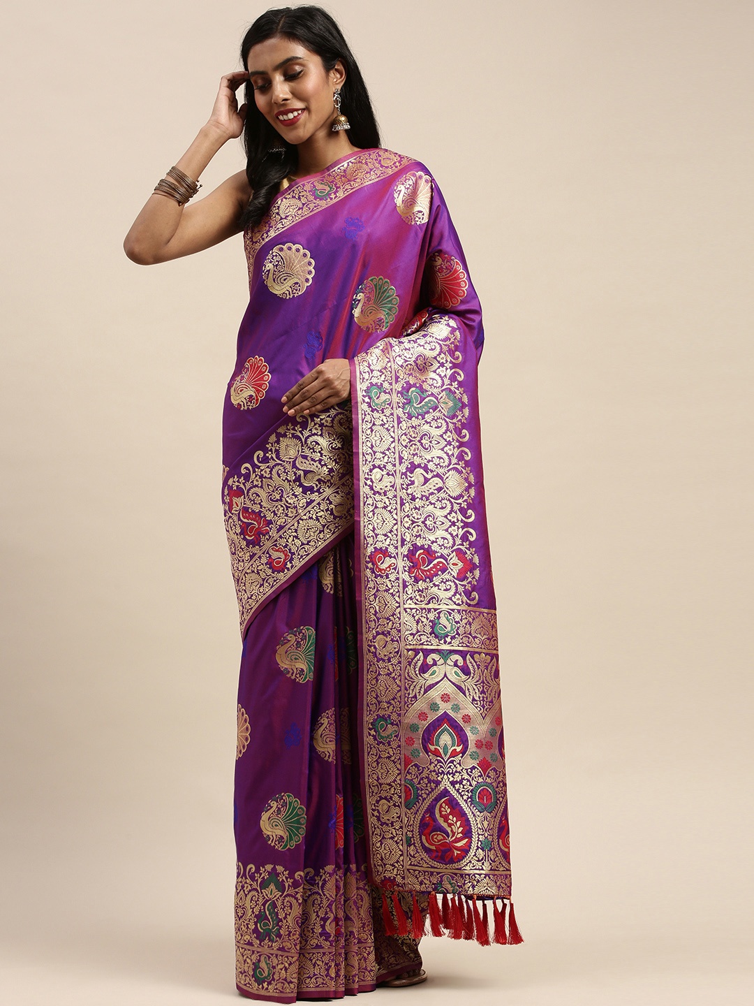 

VASTRANAND Purple & Gold-Toned Silk Blend Woven Design Kanjeevaram Saree