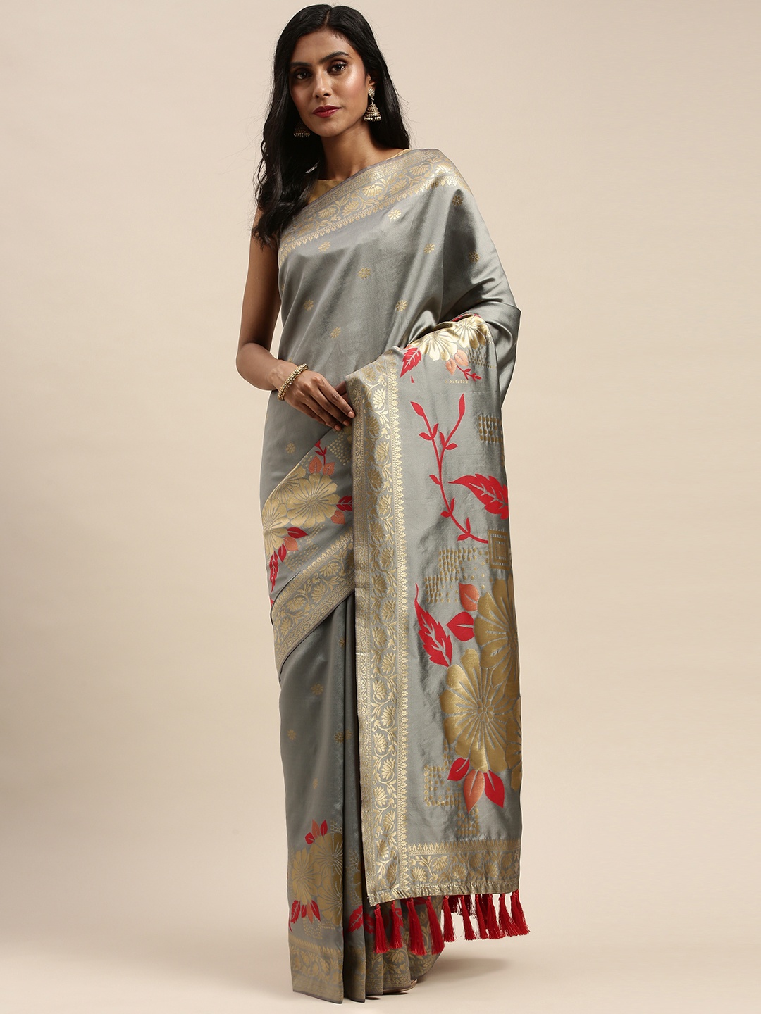 

VASTRANAND Grey & Gold-Toned Silk Blend Woven Design Banarasi Saree