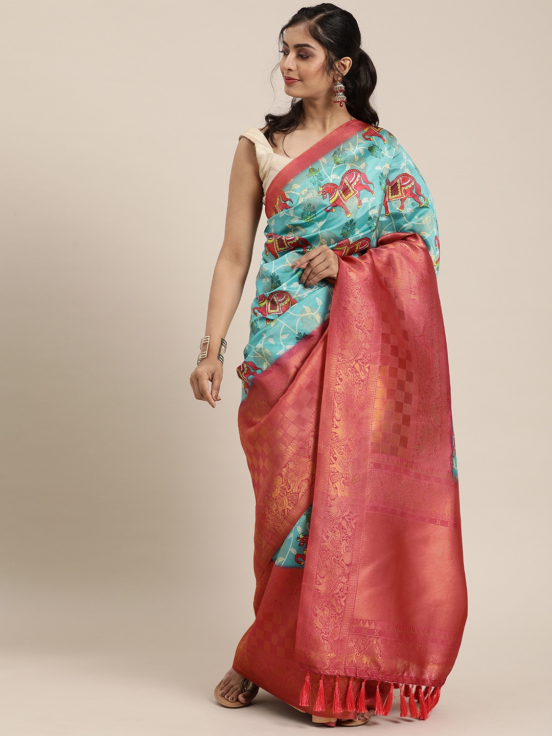 

VASTRANAND Turquoise Blue & Pink Silk Blend Printed Banarasi Saree