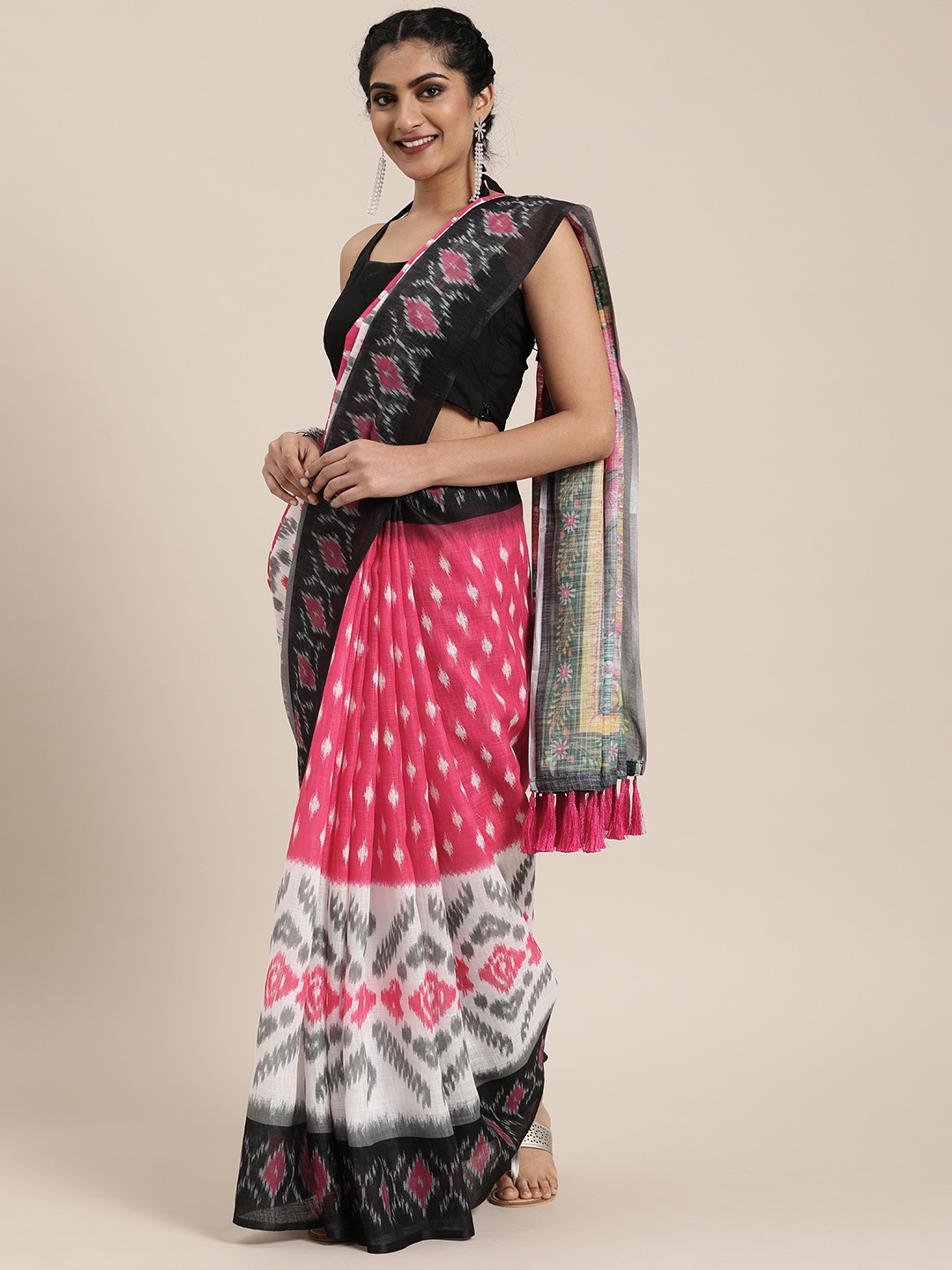 

VASTRANAND White & Pink Linen Blend Printed Ikat Saree