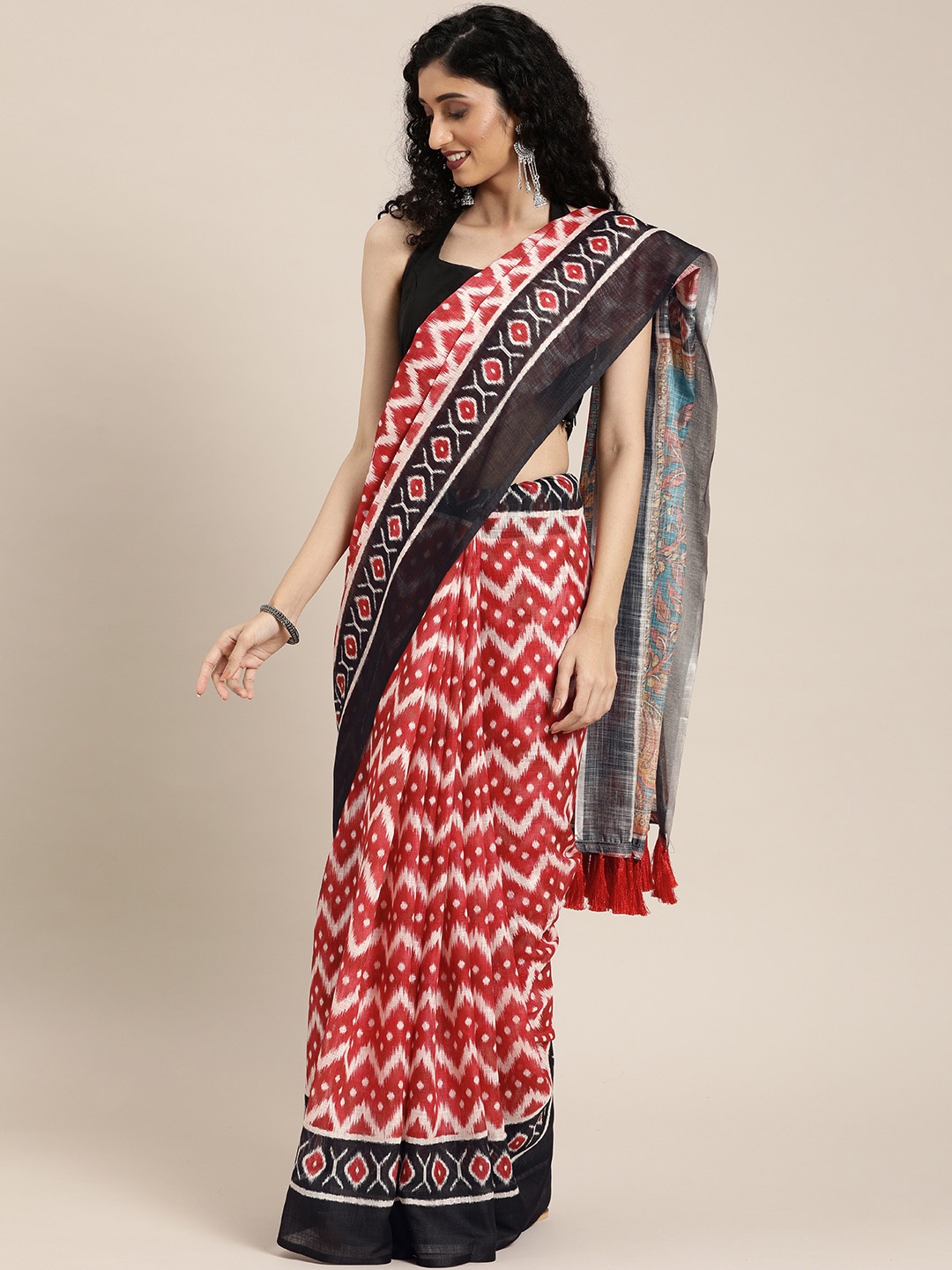 

VASTRANAND Red & Black Linen Blend Printed Ikat Saree