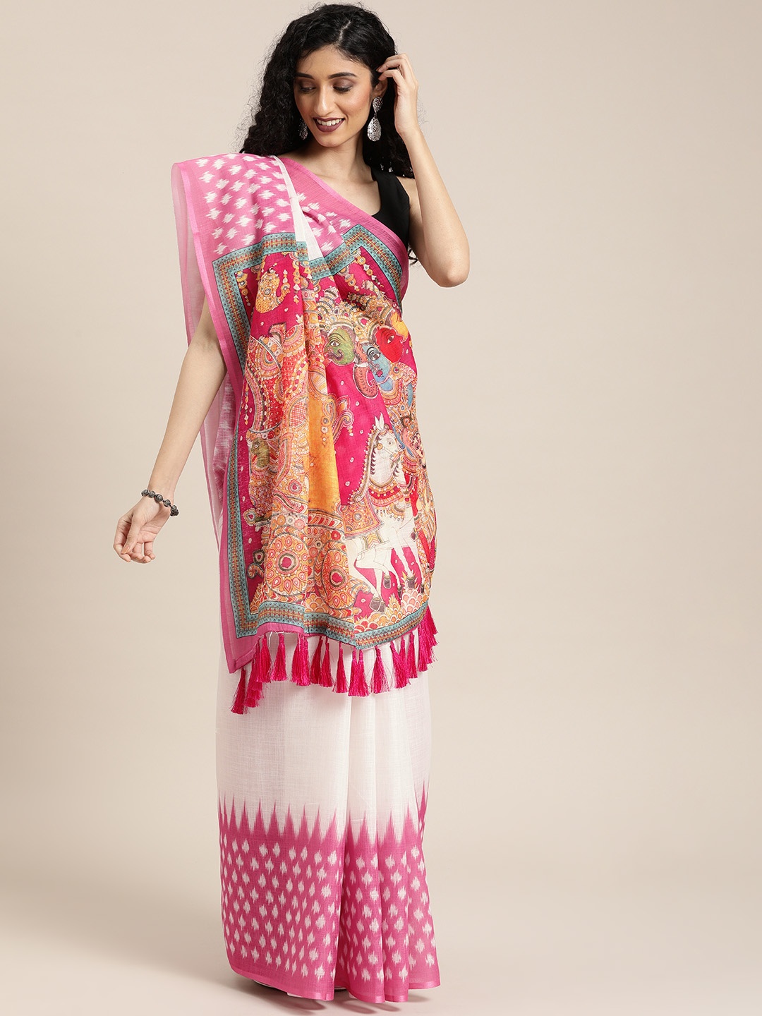 

VASTRANAND White & Pink Linen Blend Solid Ikat Saree