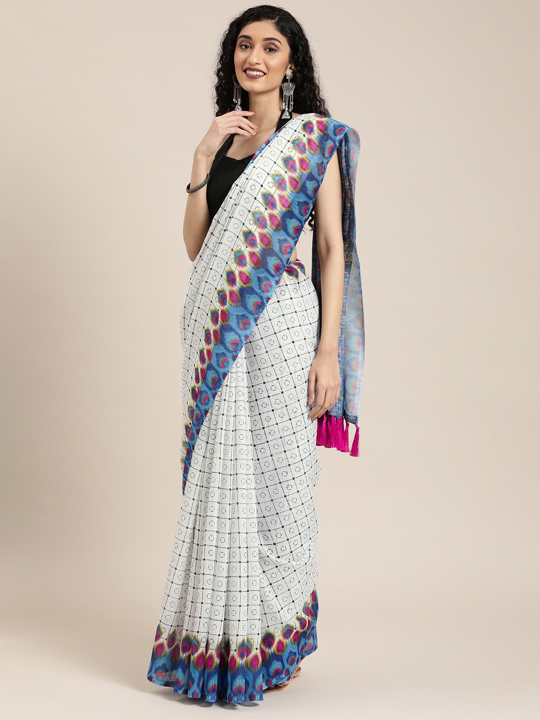 

VASTRANAND White & Blue Linen Blend Checked Ikat Saree