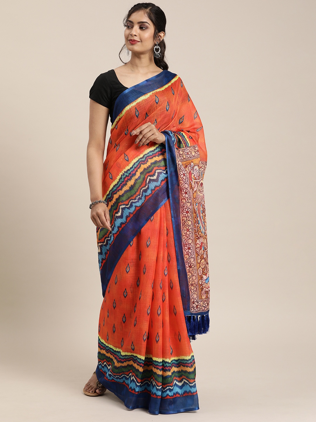 

VASTRANAND Orange & Blue Linen Blend Printed Ikat Saree