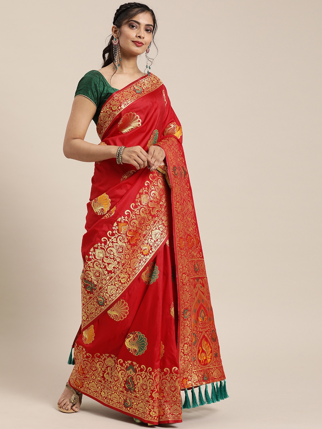 

VASTRANAND Red Silk Blend Woven Design Kanjeevaram Saree