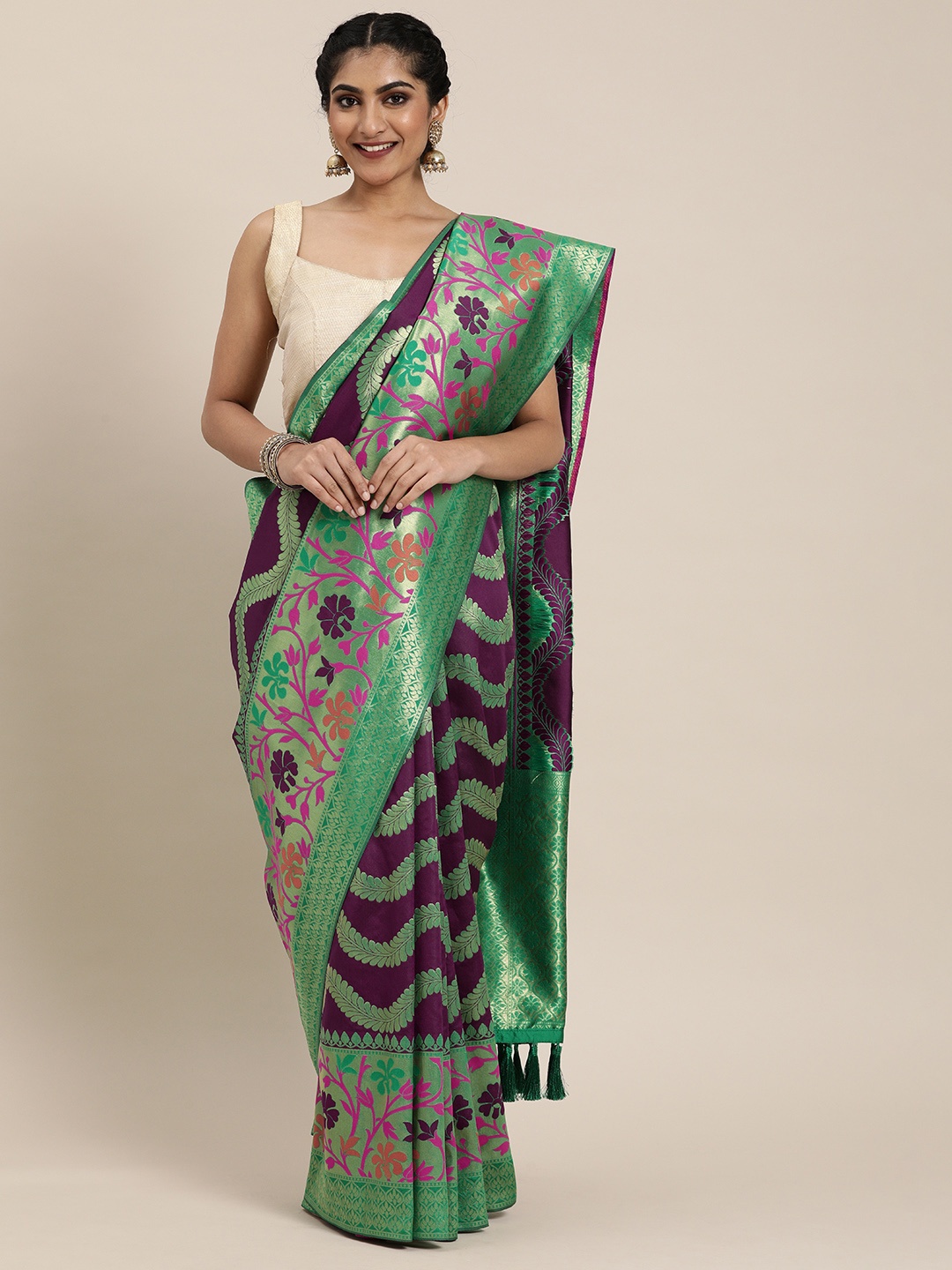 

VASTRANAND Purple & Green Silk Blend Printed Banarasi Saree