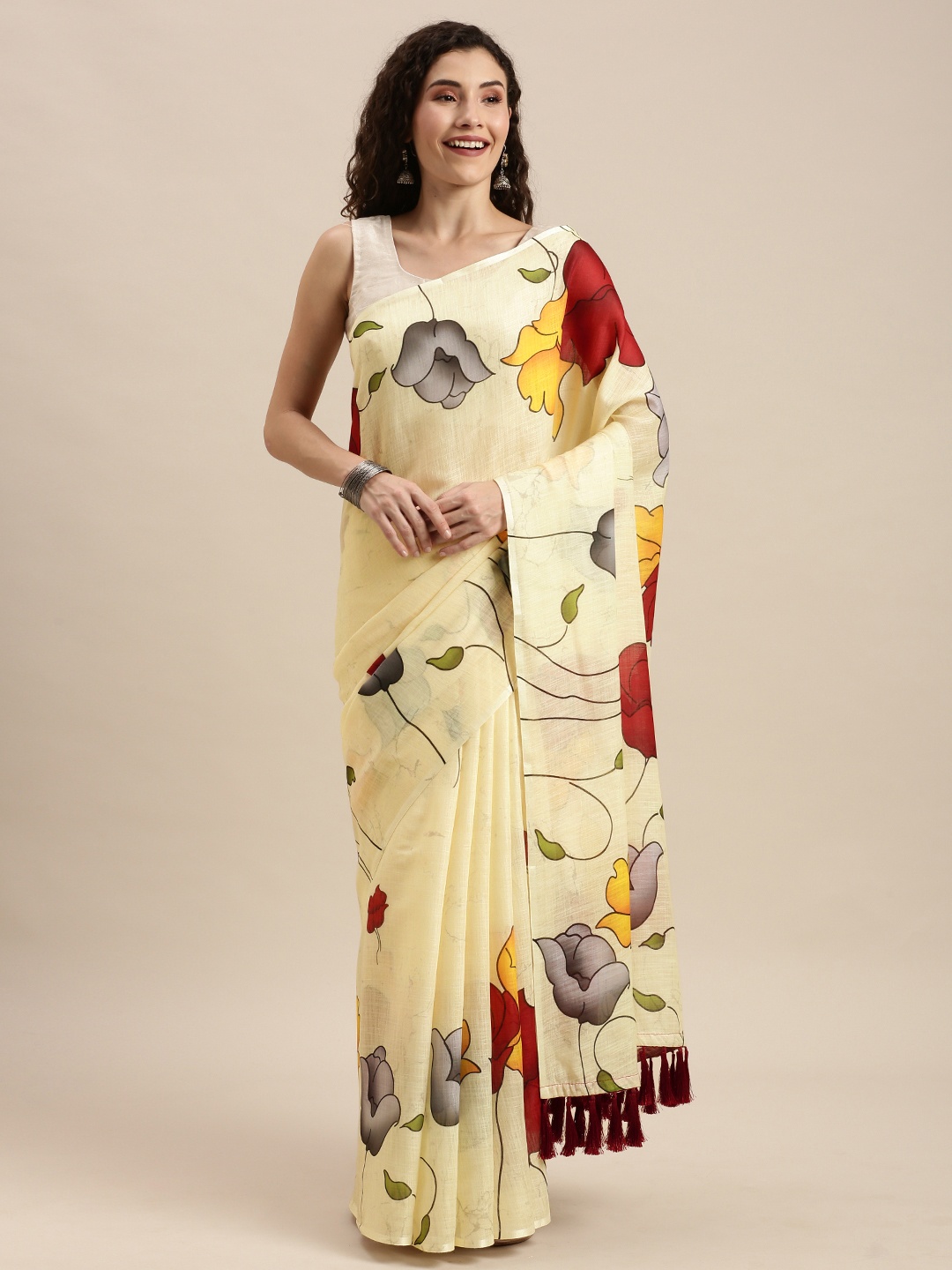 

VASTRANAND Yellow & Red Linen Blend Floral Printed Saree