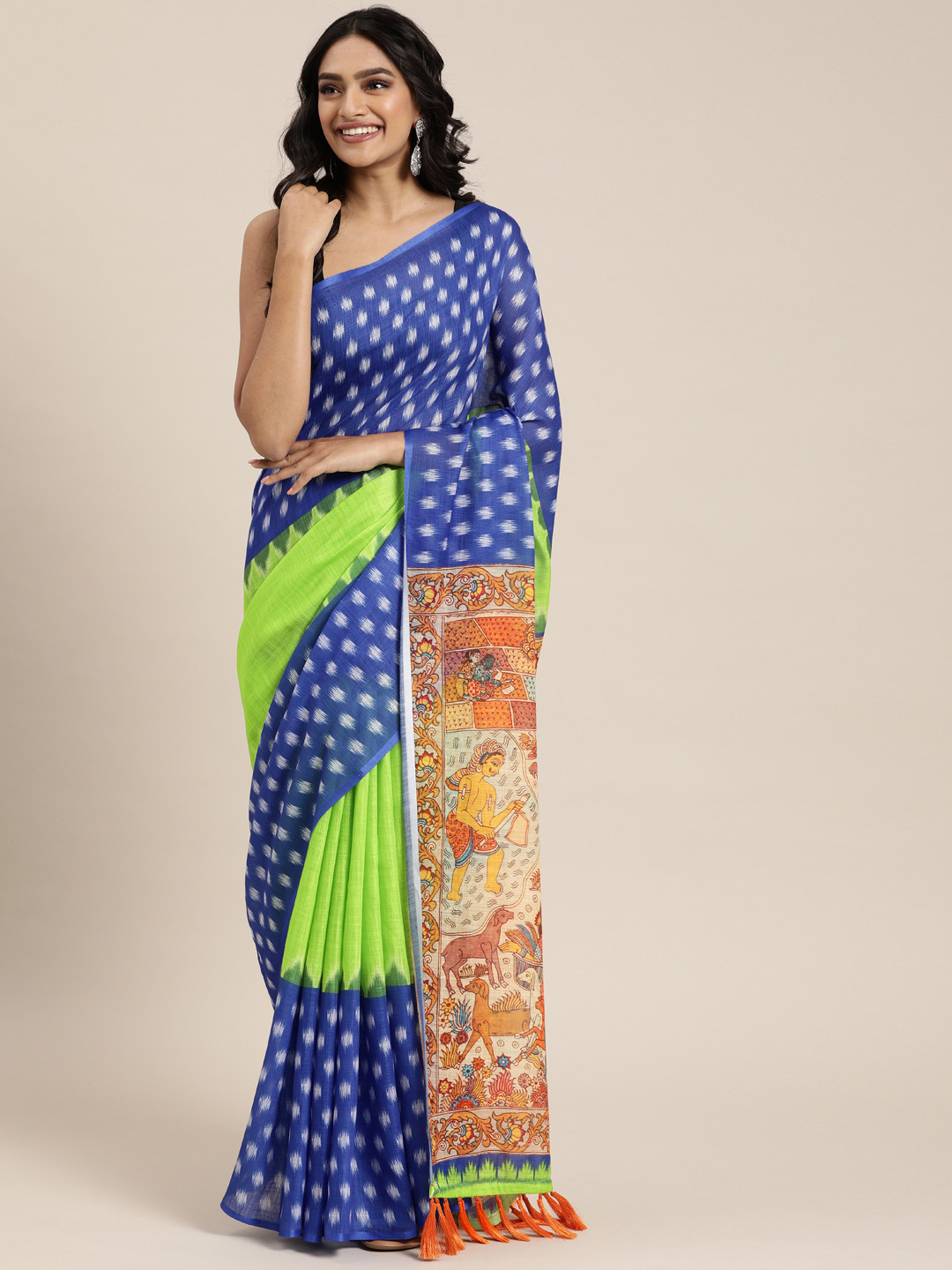 

VASTRANAND Fluorescent Green & Blue Linen Blend Printed Ikat Saree