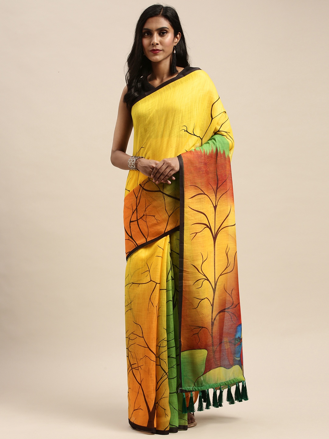 

VASTRANAND Yellow & Brown Linen Blend Conversational Printed Saree