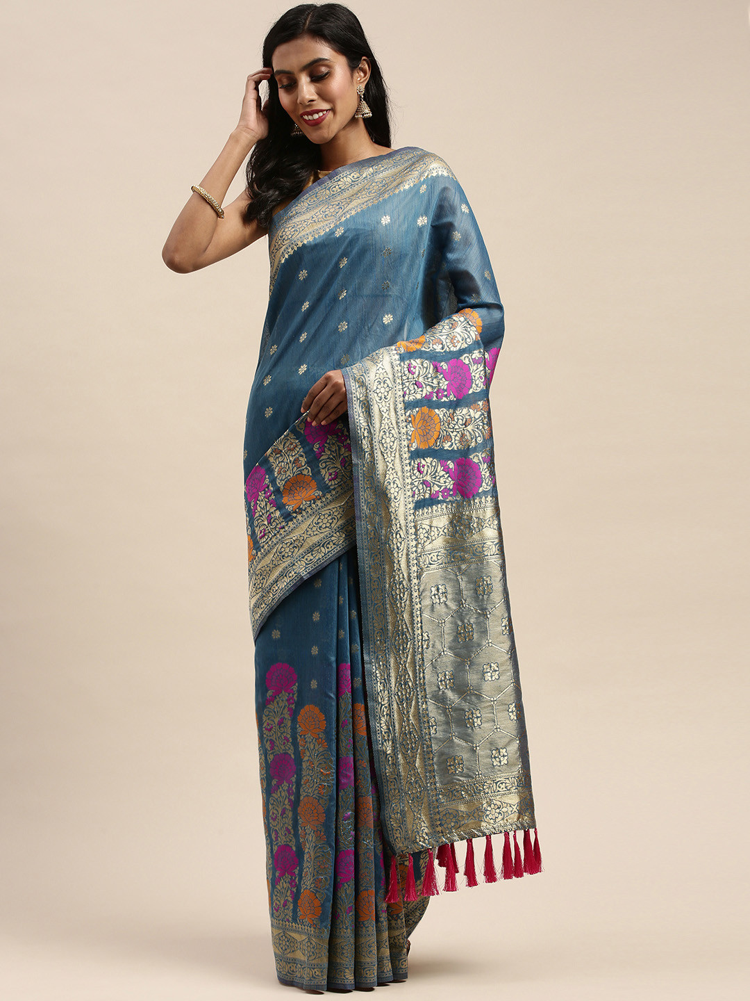 

VASTRANAND Blue & Gold-Toned Cotton Blend Woven Design Banarasi Saree