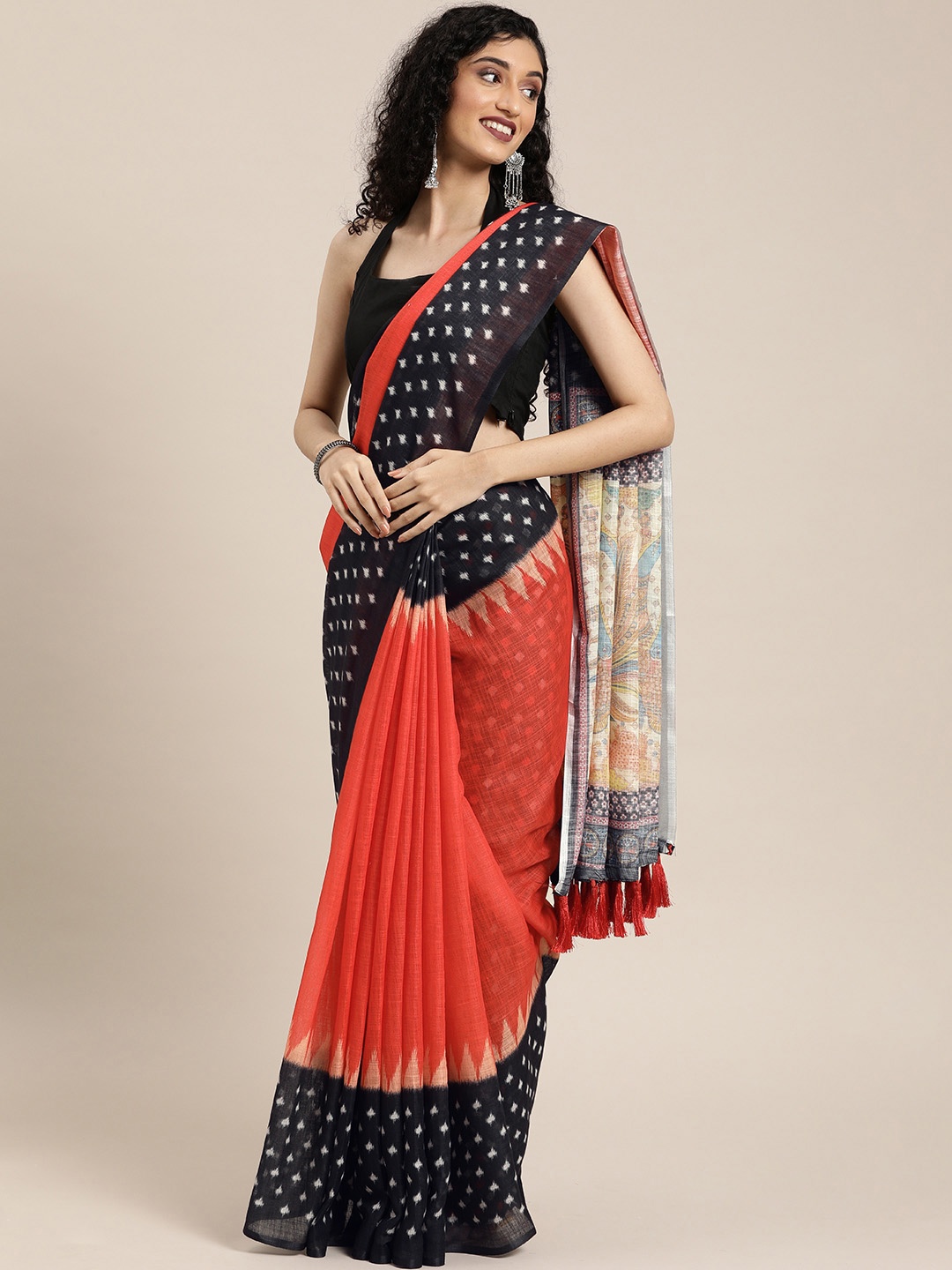 

VASTRANAND Orange & Black Linen Blend Printed Ikat Saree
