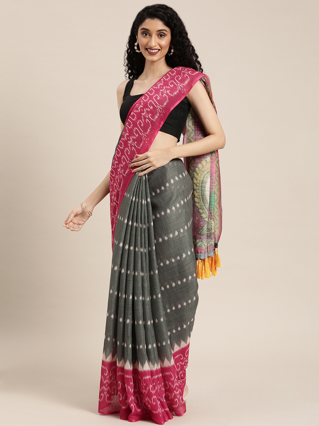 

VASTRANAND Grey & Pink Linen Blend Printed Ikat Saree