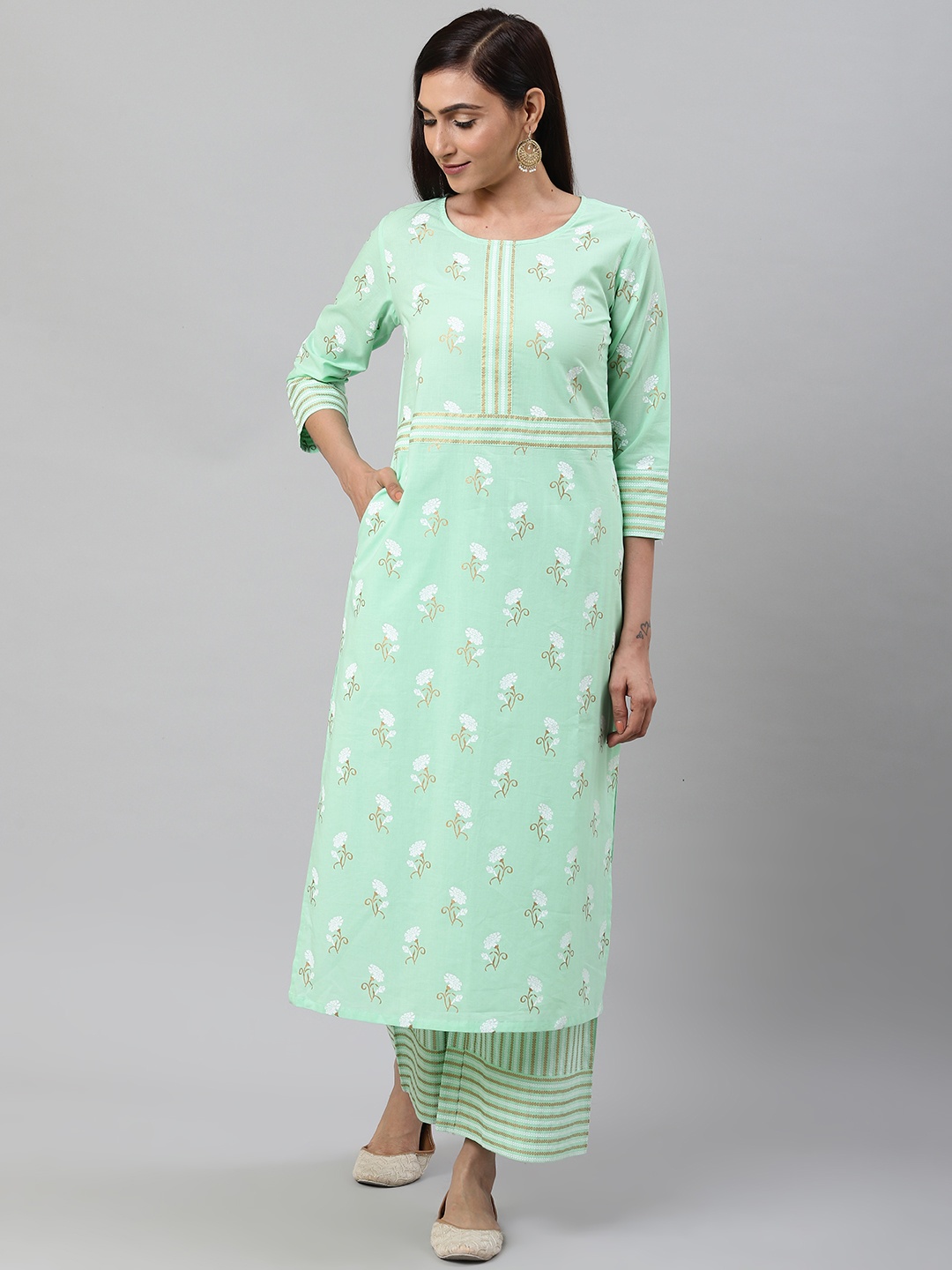 

YASH GALLERY Women Sea Green & White Foil Print Kurta with Palazzos