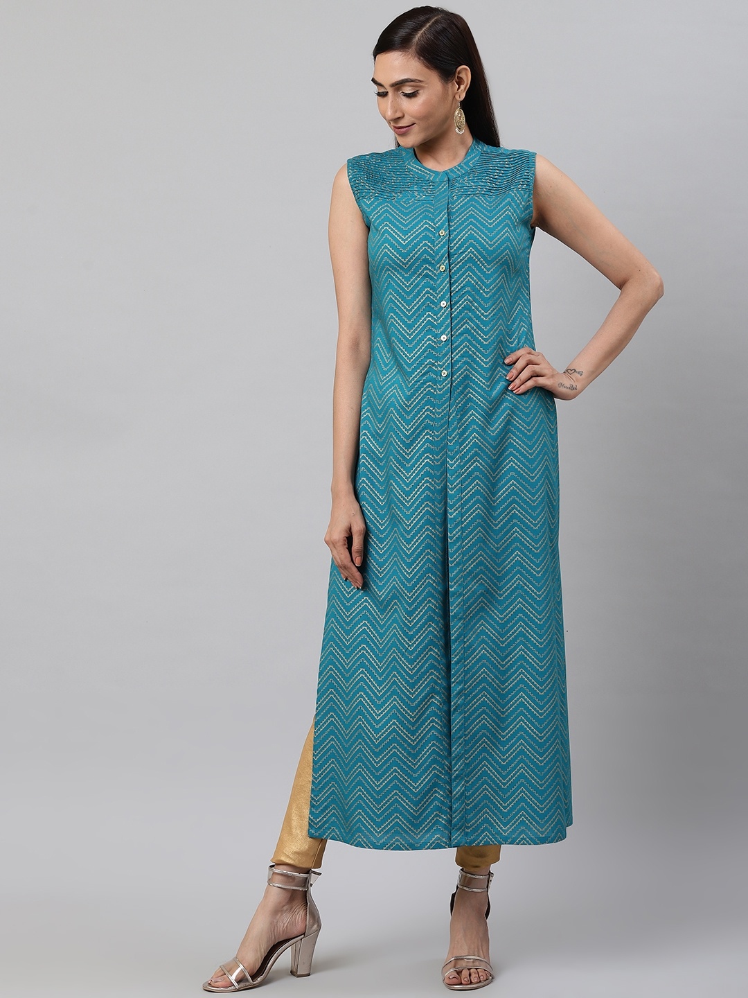 

YASH GALLERY Women Teal & Golden Printed Straight Kurta