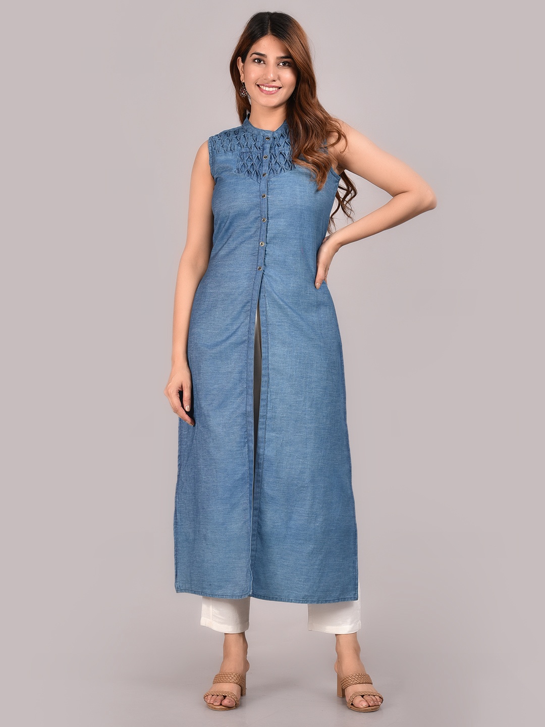 

YASH GALLERY Women Navy Blue Yoke Design Straight Kurta