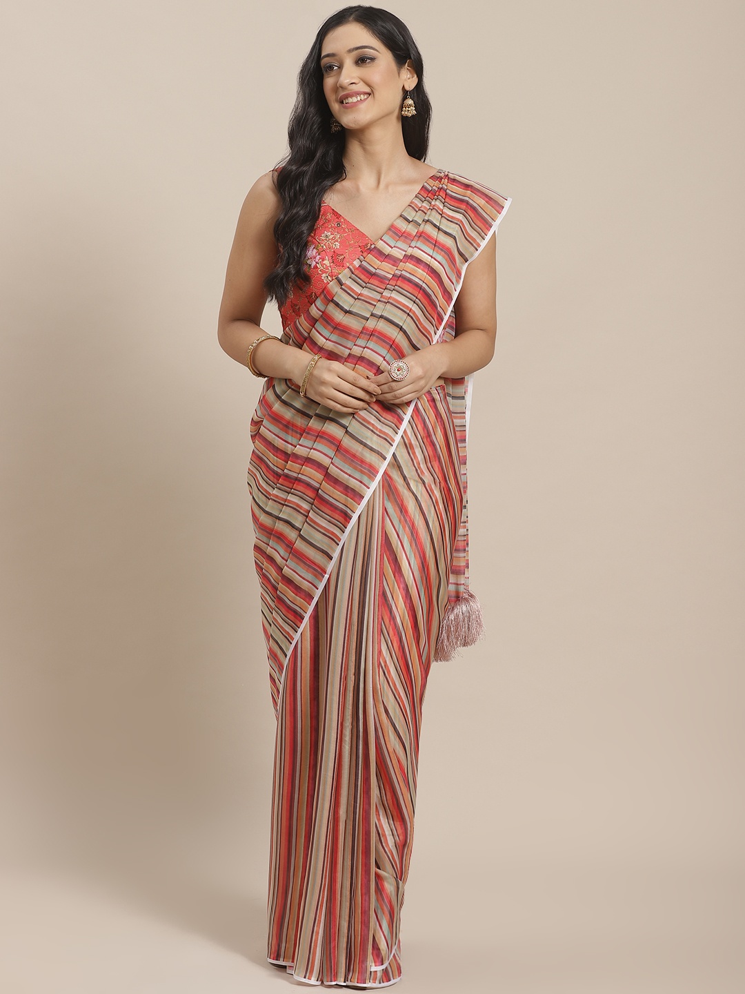 

VASTRANAND Red & Sea Green Pure Silk Striped Celebrity Saree