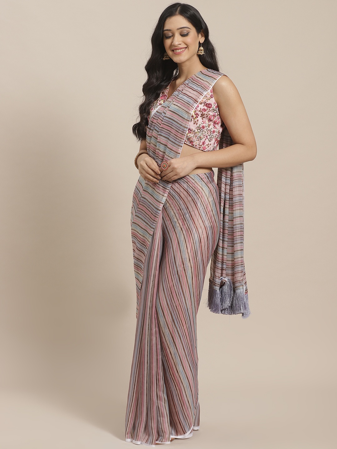 

VASTRANAND Pink & Brown Pure Silk Striped Celebrity Saree