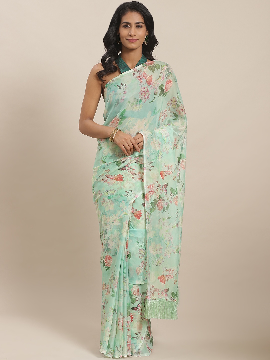 

VASTRANAND Green & Peach-Coloured Pure Silk Floral Print Celebrity Saree