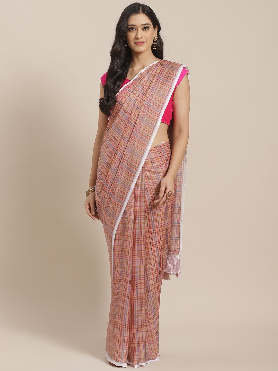 

VASTRANAND Beige & Pink Pure Silk Checked Celebrity Saree