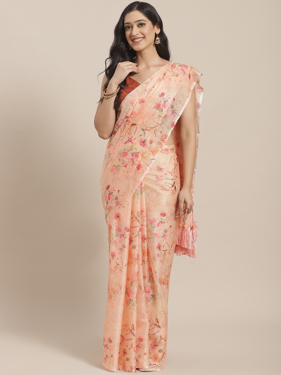 

VASTRANAND Orange & Pink Pure Silk Printed Celebrity Saree