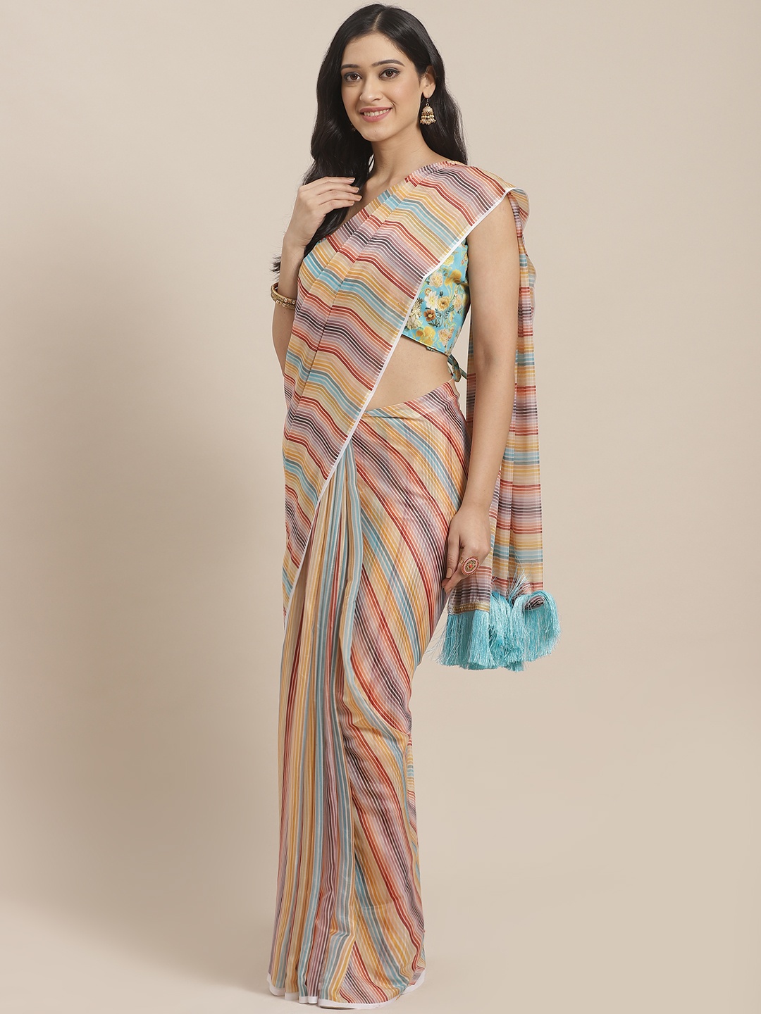 

VASTRANAND Yellow & Blue Pure Silk Striped Celebrity Saree
