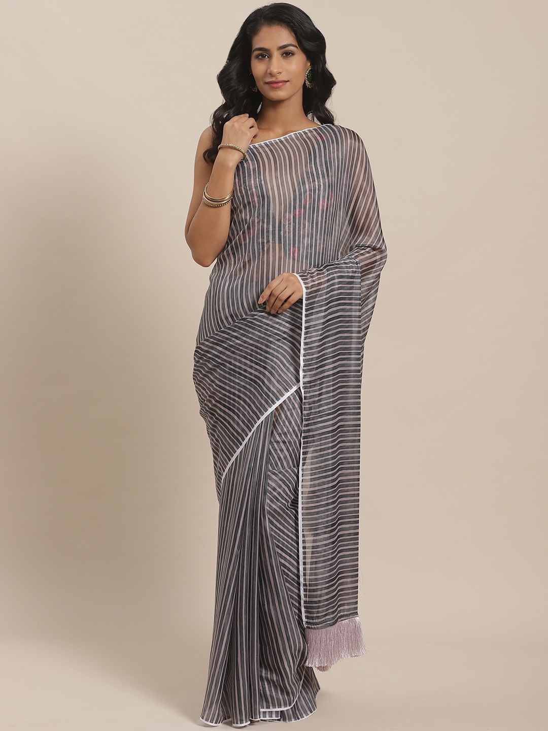 

VASTRANAND Grey & Taupe Pure Silk Striped Celebrity Saree