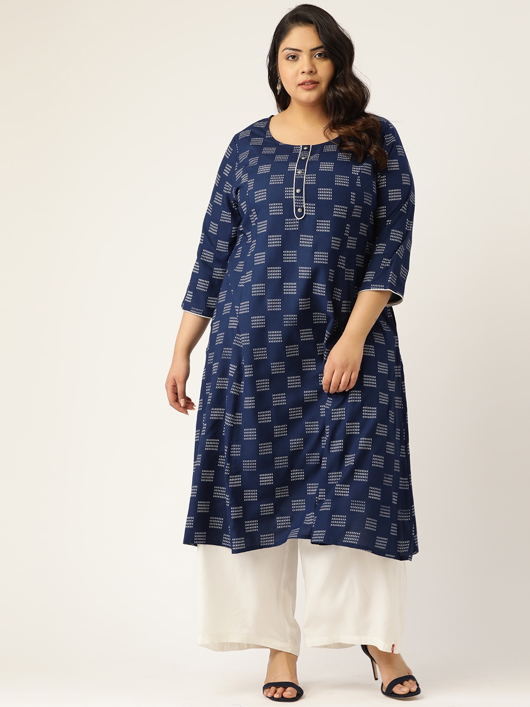 

Sztori Women Plus Size Navy Blue & White Printed A-Line Kurta
